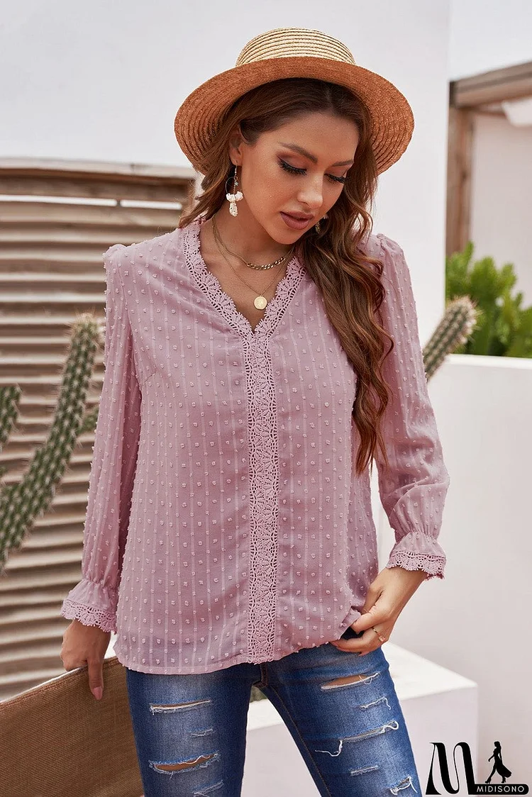 Chic Pink Elegant Long Sleeve V-Neck Swiss Dot Lace Blouse