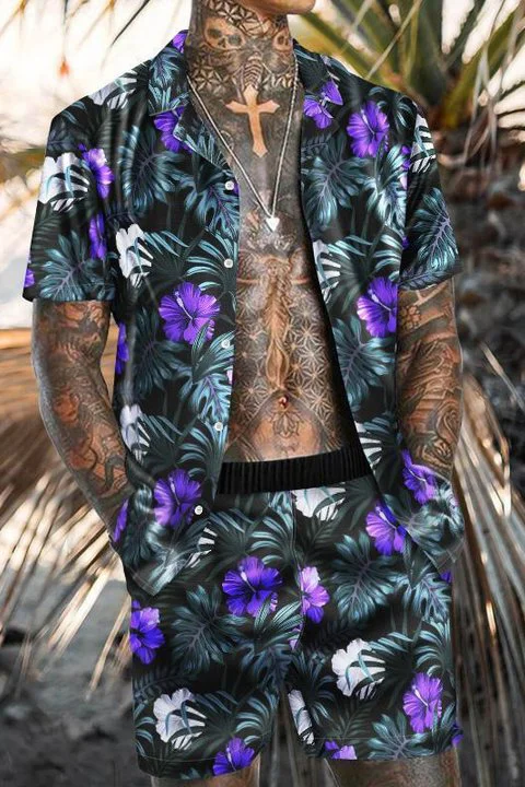 Tiboyz Men's Outfits Beach Floral Print Short Sleeve Shirt Shorts Two piece Set