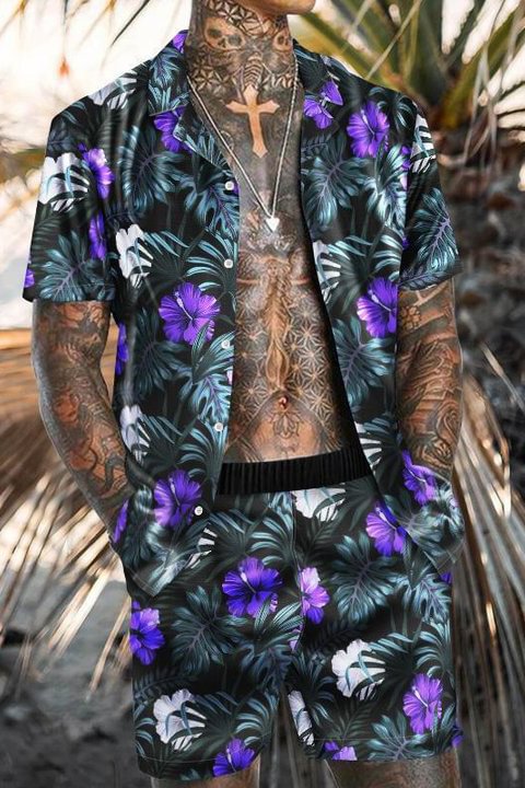Tiboyz Men's Outfits Beach Floral Print Short Sleeve Shirt Shorts Two piece Set