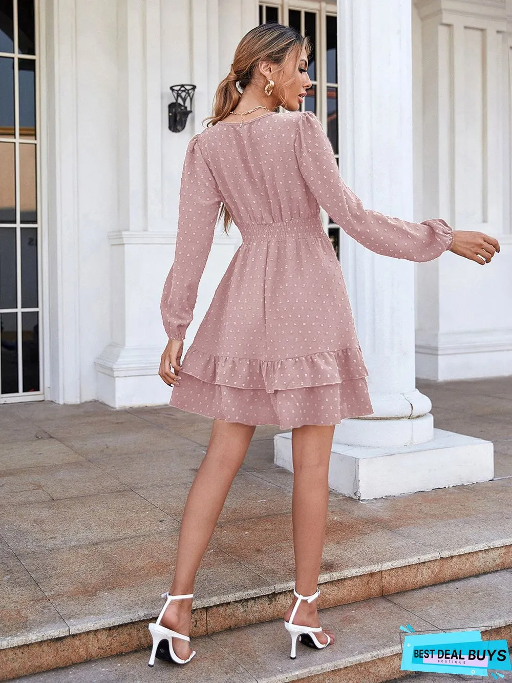 V-Neck Long-Sleeve Flounces Trim Commuter Dress For Women