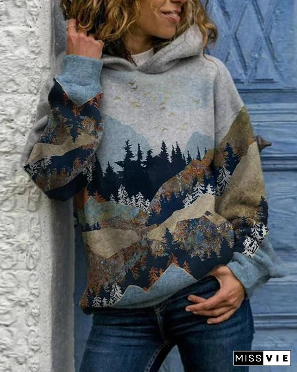 Women Print Casual Long Sleeve Loose Hoodies