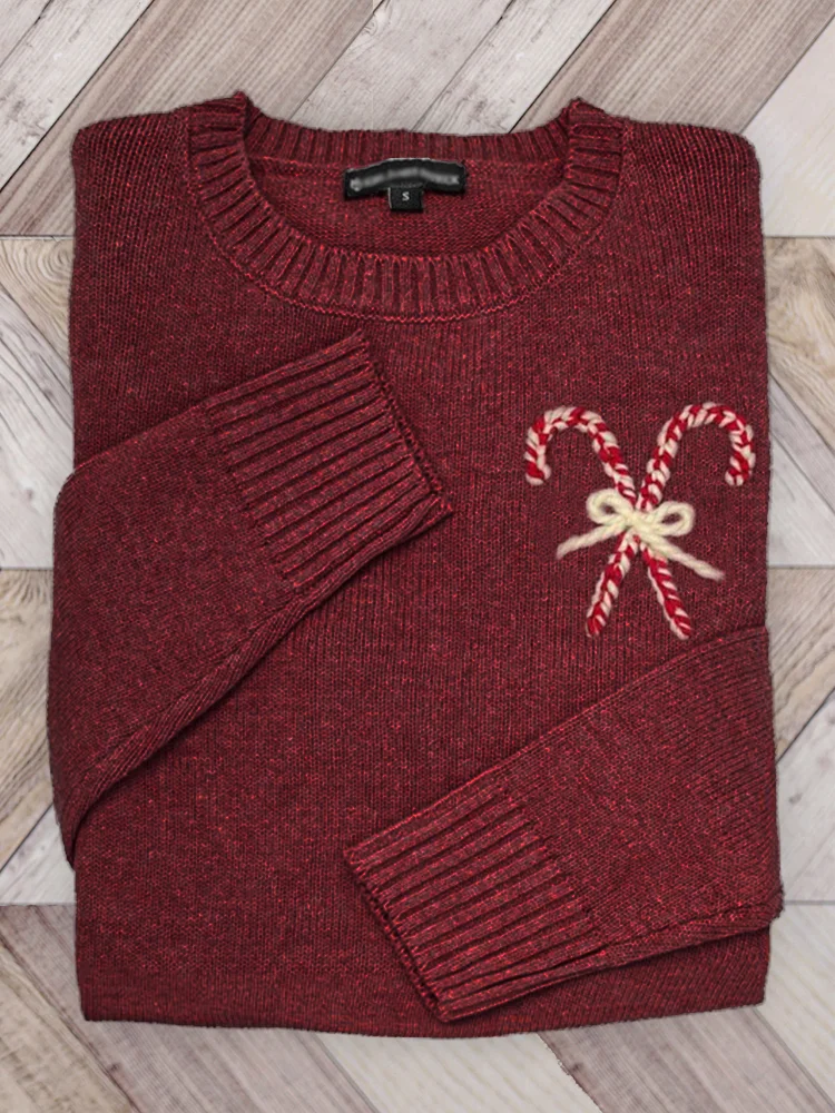 Christmas Candy Cane Embroidered Cozy Knit Sweater