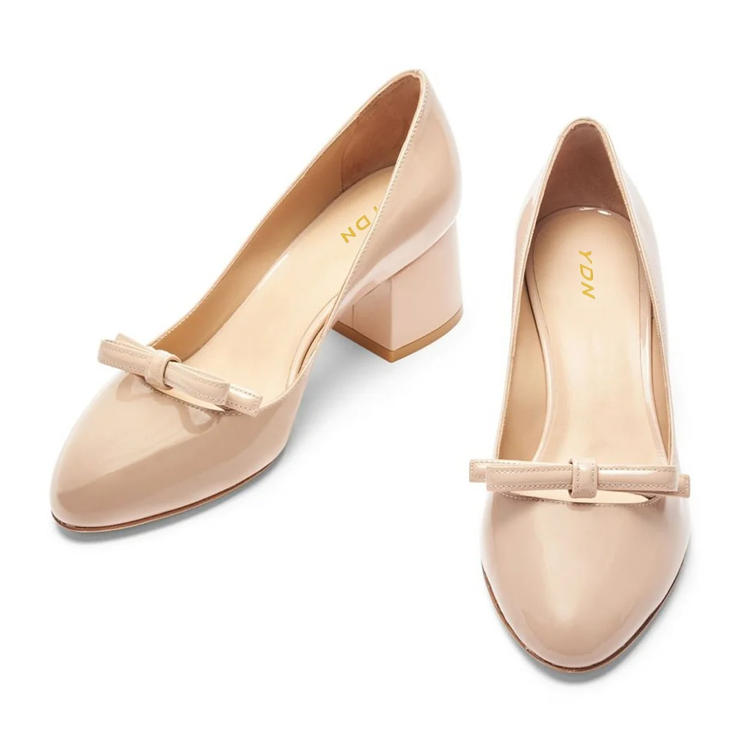 YDN Nude Patent Leather Round Toe Bow Decor Block Heel Pumps