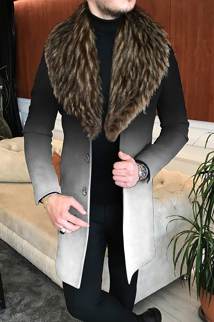 Tiboyz Ombre Fur Collar Black Gradient Breasted Mid Length Coat