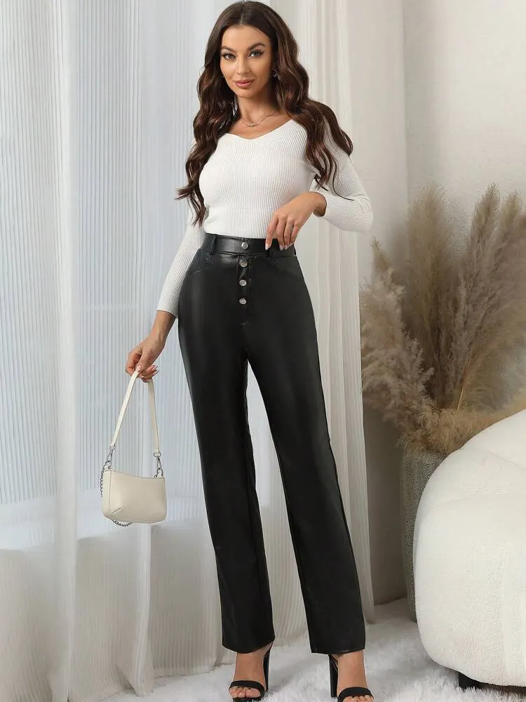 Women's Button Front Pu Straight-leg Pants