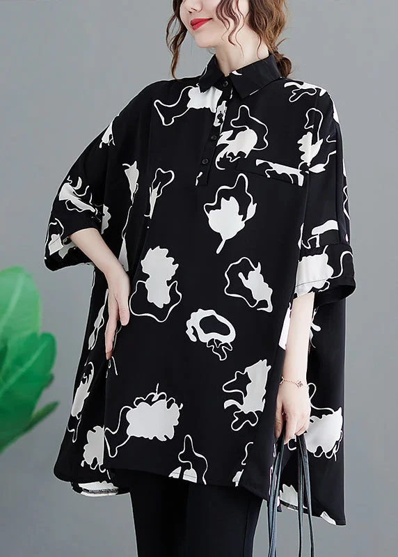 Casual Black Oversized Print Chiffon Long Shirt Half Sleeve