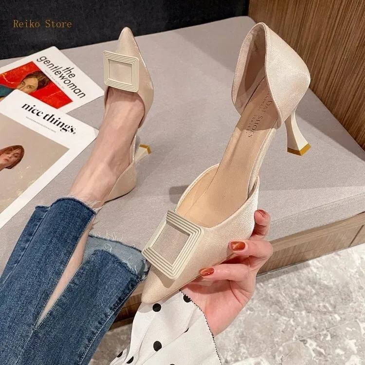 2021 Summer New Shoes Women's Shoes Slip-on Shoes Summer Pu Pointed Toe Horseshoe Heel Low Mouth High Heel Satin PU creamy-white