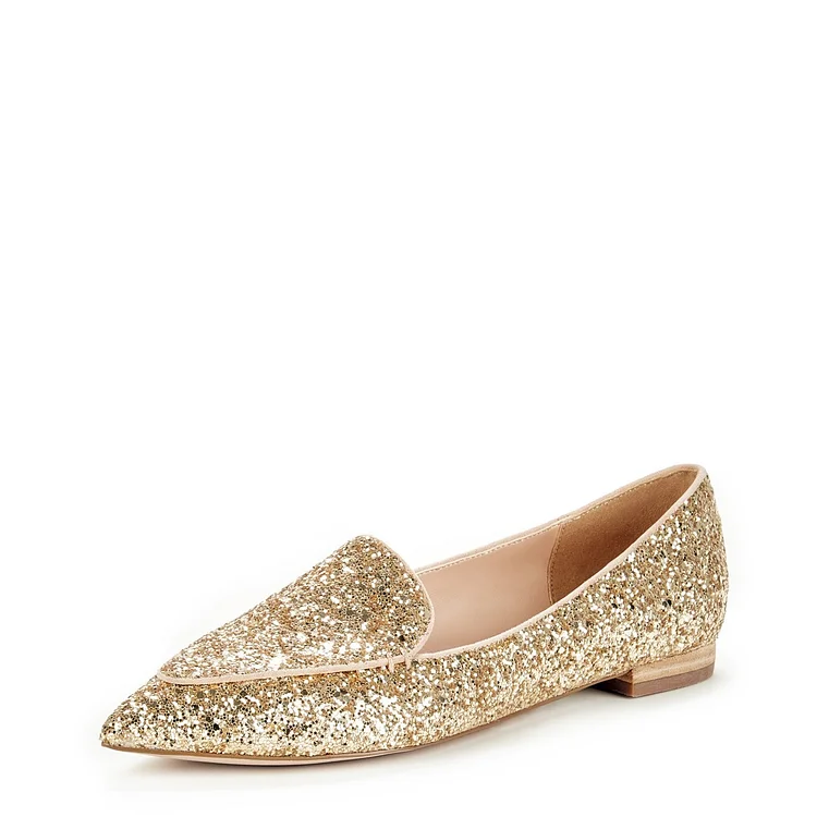 Golden Glitter Loafers for Women Pointy Toe Flats |FSJ Shoes