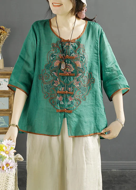 Vintage Green O-Neck Embroideried Linen Shirt Top Summer