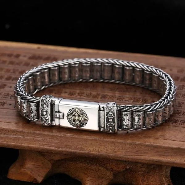 Sterling Silver Buddhist Mantra Vajra Wheels Bracelet