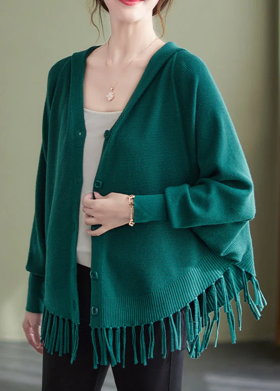 Loose Blackish Green Tasseled Button Hooded Knit Coat Spring