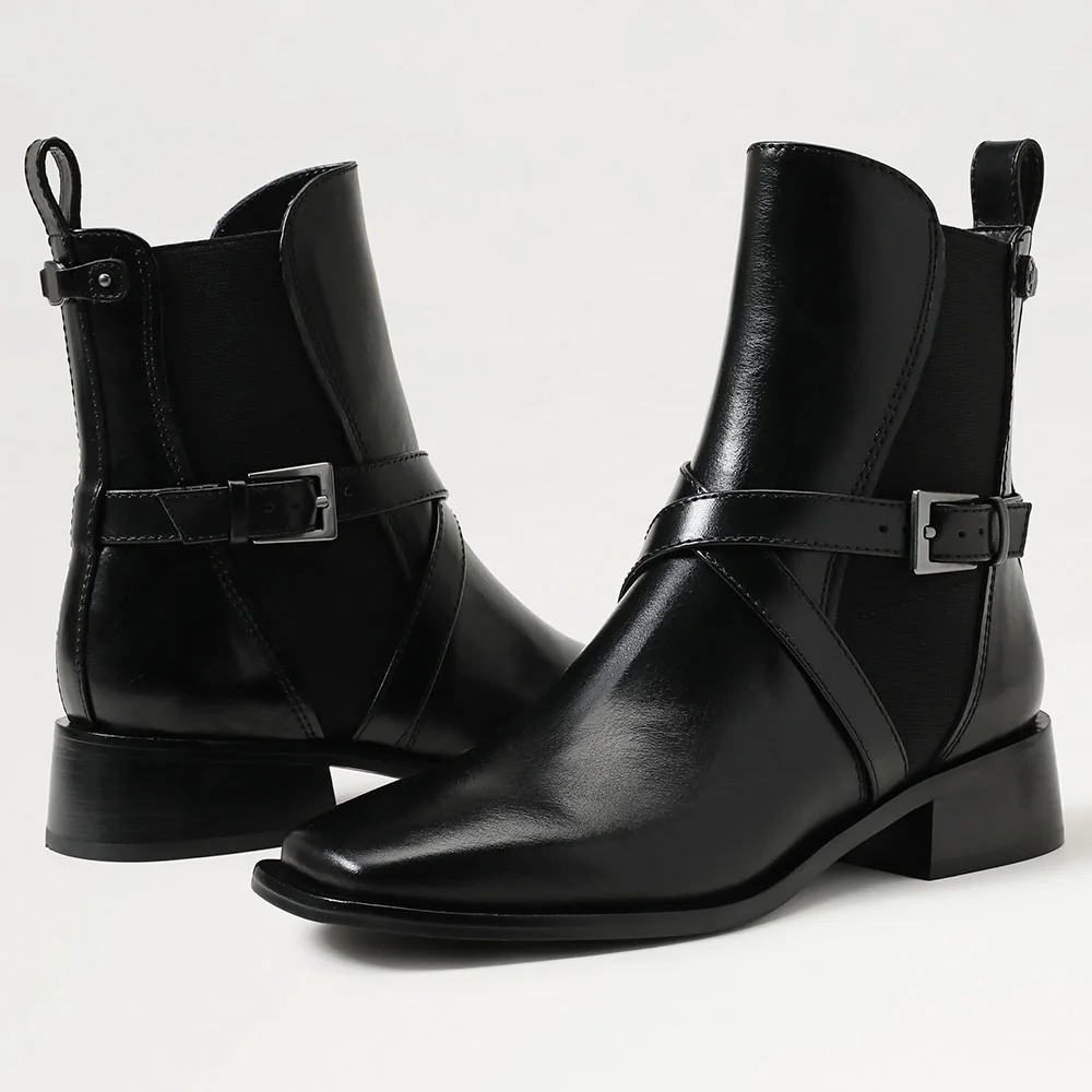 Classic Black Square Toe Chunky Heel Short Boots for Women with Buckle