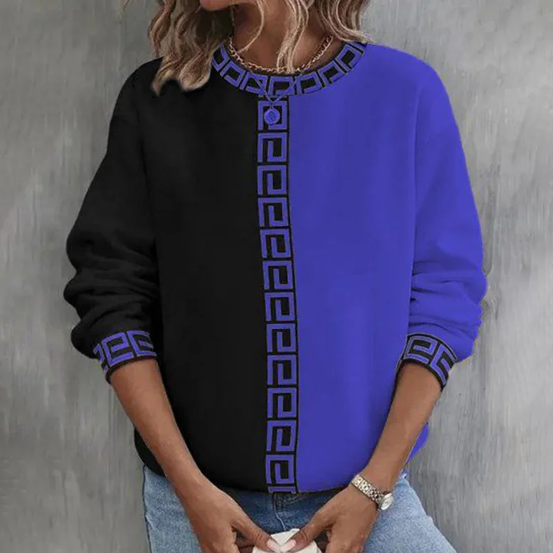 Greek Key Pattern Contrast Color Round Neck Casual Sweatshirt