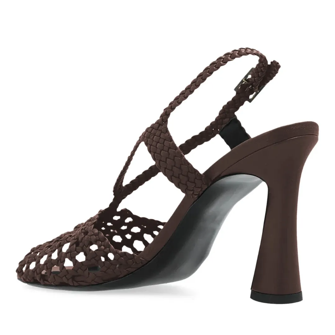 Chocolate Brown Flared High Heel Braided Summer Sandals with Buckle