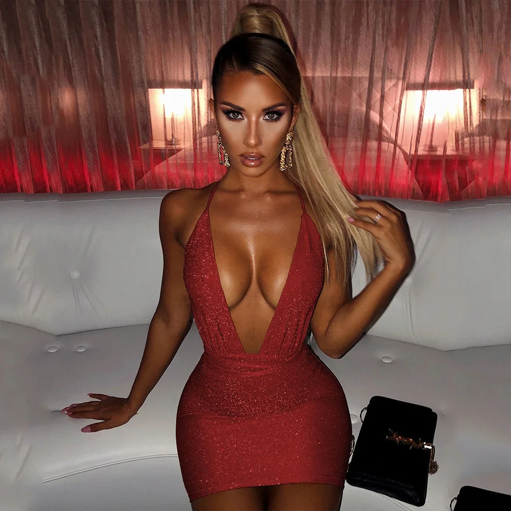 Sexy Backless Glitter Dress Women  Deep V Bodycon Mini Dresses 2020 Summer Night Club Party dress