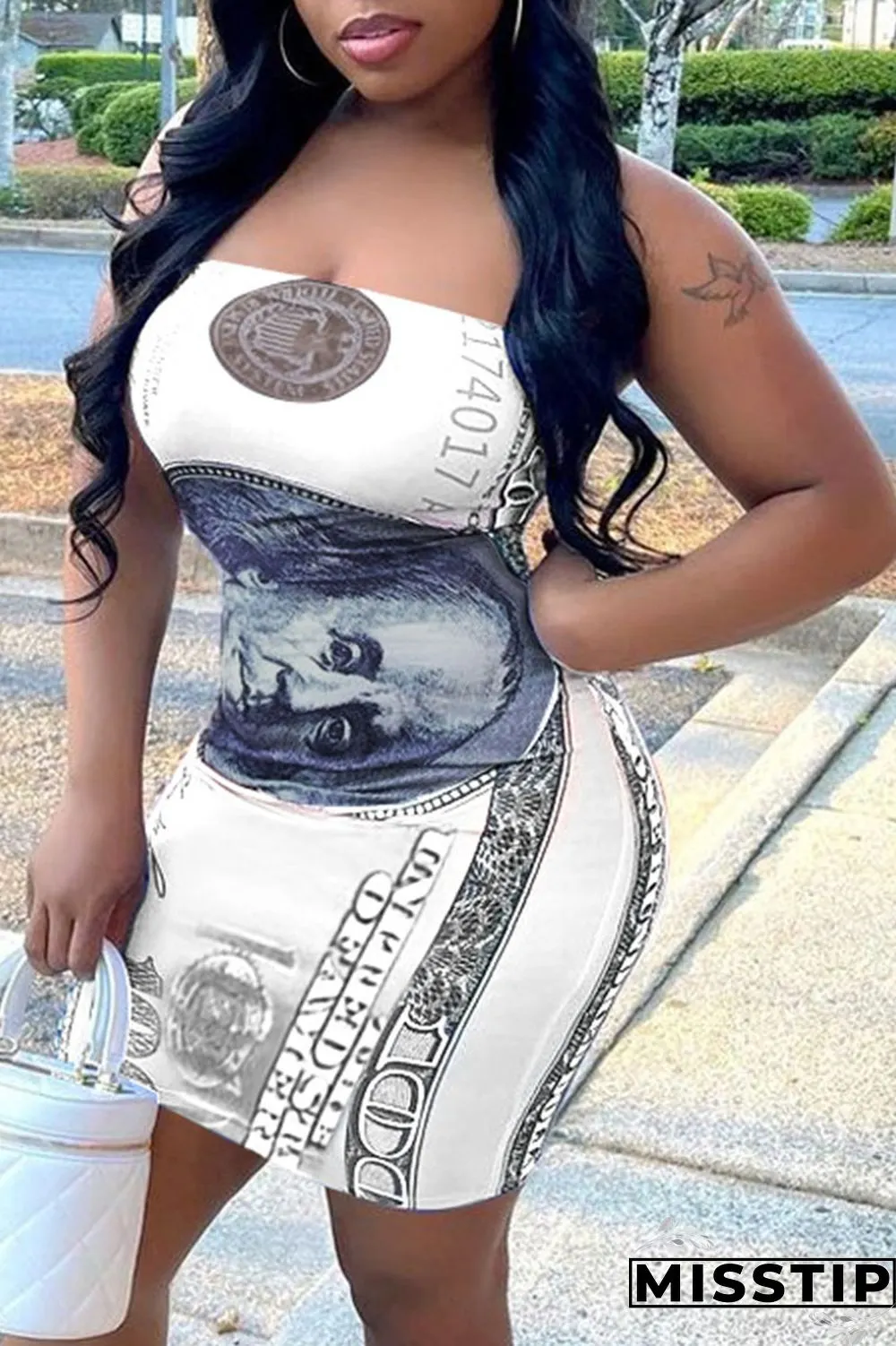 Orange Sexy Print Patchwork Strapless Sheath Dresses