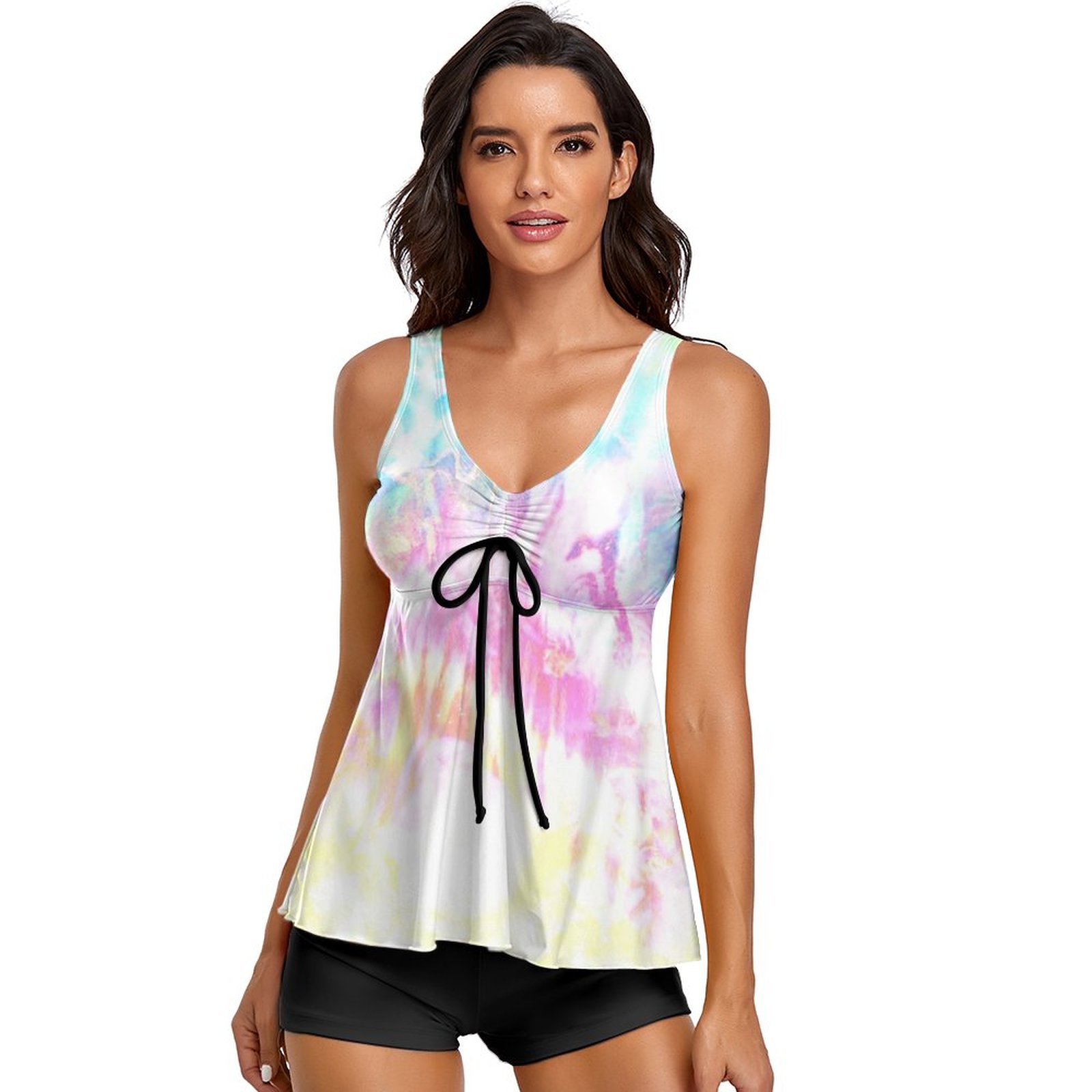 Women's Watercolour Two Piece Tankini Tummy Control Flowy Swimwear - Fade Color