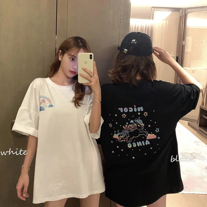 Unisex Harajuku Clothing Loose Cute Reflective Pattern T-Shirt Women Couples Tops Streetwear Cool Harajuku High Street T Shirts