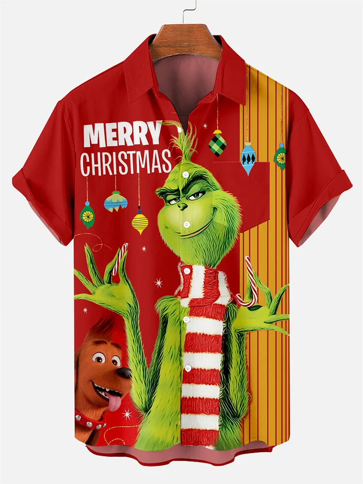 Men's Christmas Fun Green Monster Party Print Short Sleeve Shirt PLUSCLOTHESMAN