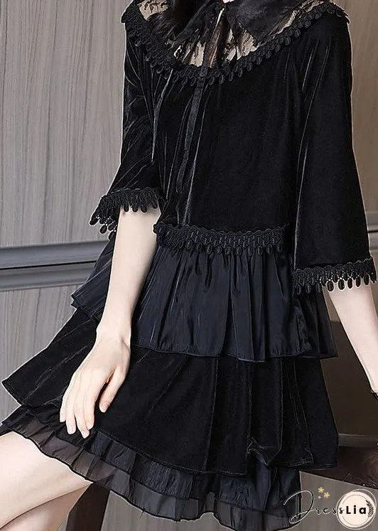 Women Black Ruffled Tasseled Patchwork Velour Mid Dress Fall