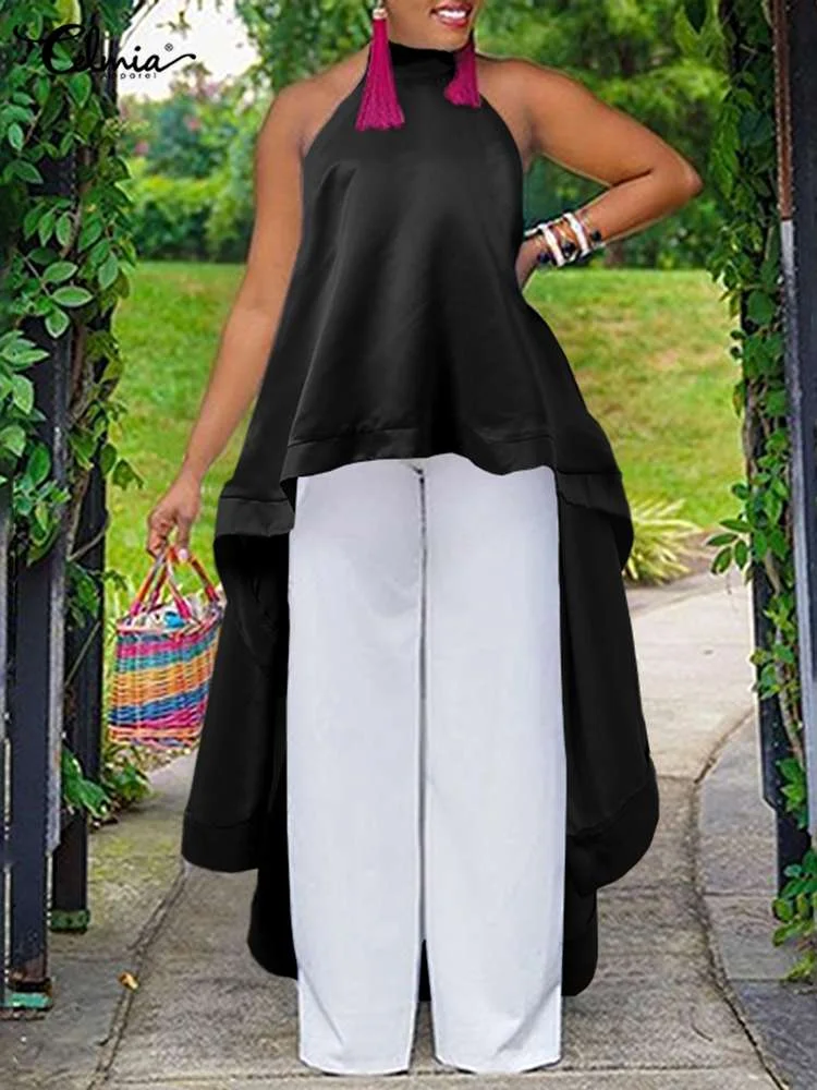 Celmia Women Summer Halter Long Blouses 2022 Fashion Streetwear Asymmetrical Shirt Casual Backless Ruffled Tops Sleeveless Tunic