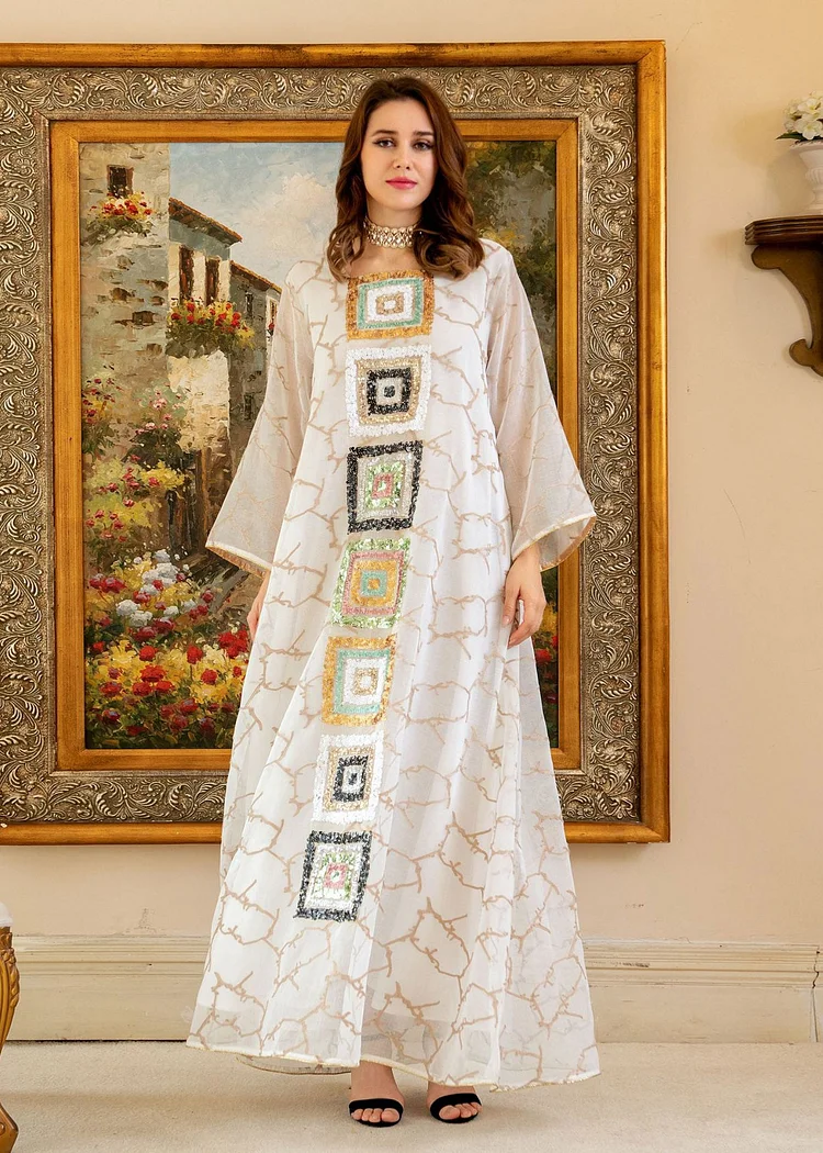 Brief White O-Neck Embroideried Floral Tulle Maxi Dress Long Sleeve