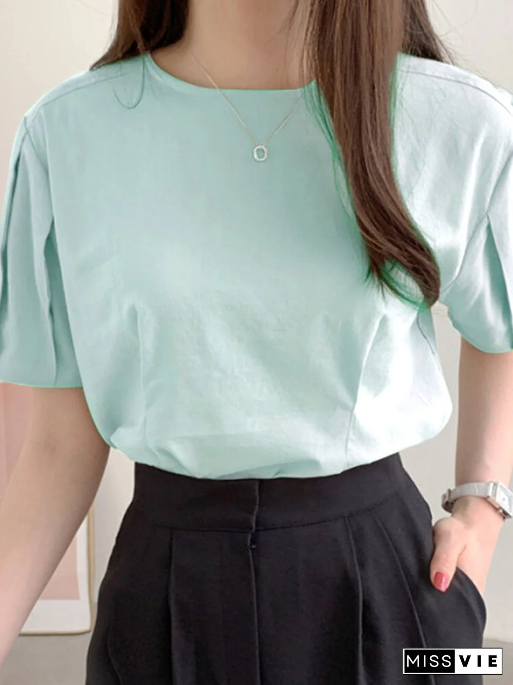 Solid O Neck Puff Sleeve Pleats Casual Blouse