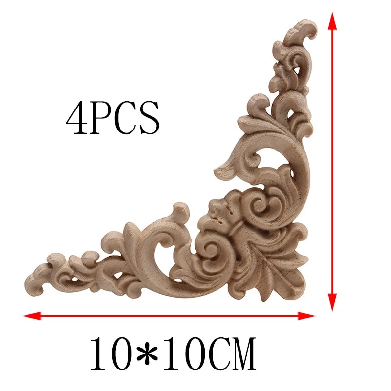 4PCS Unpainted Wooden Mouldings Decal European Wood Appliques for Furniture Cabinet New Flower Wood Carving Decorative Figurine