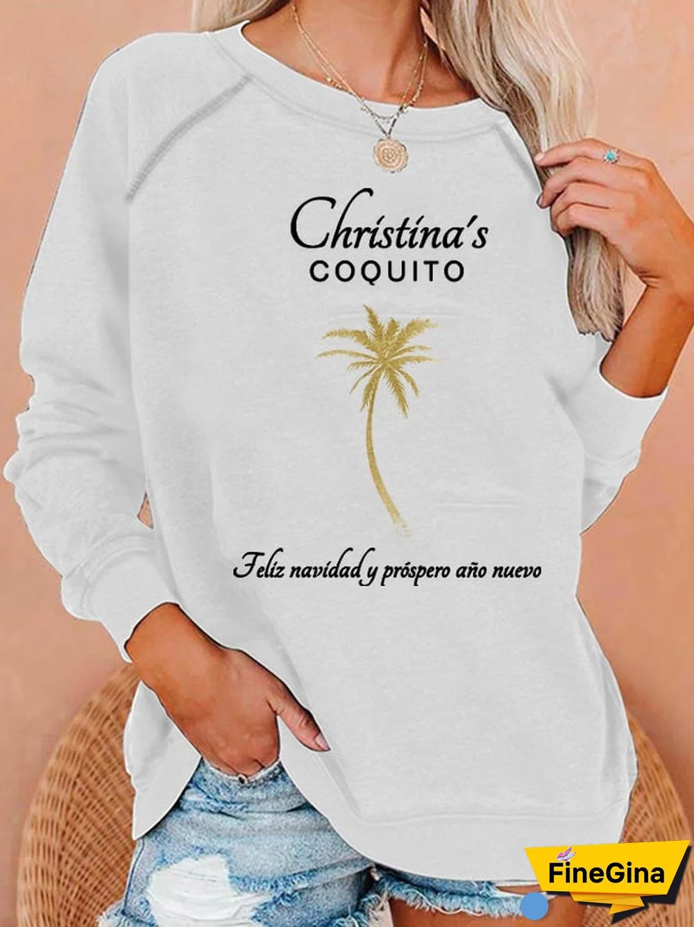 Women's Christmas Goldtone Palm Tree Print Casual Sweatshirt