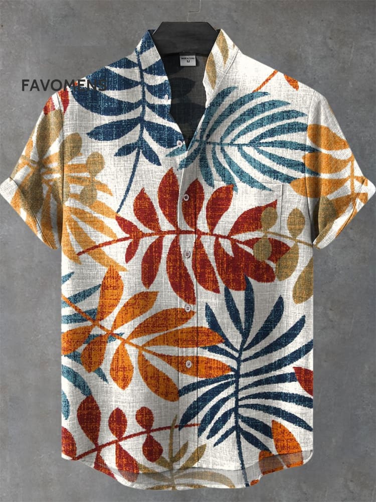 Vintage Color Block Botanical Art Print Casual 100% Cotton Shirt Multicolor / S