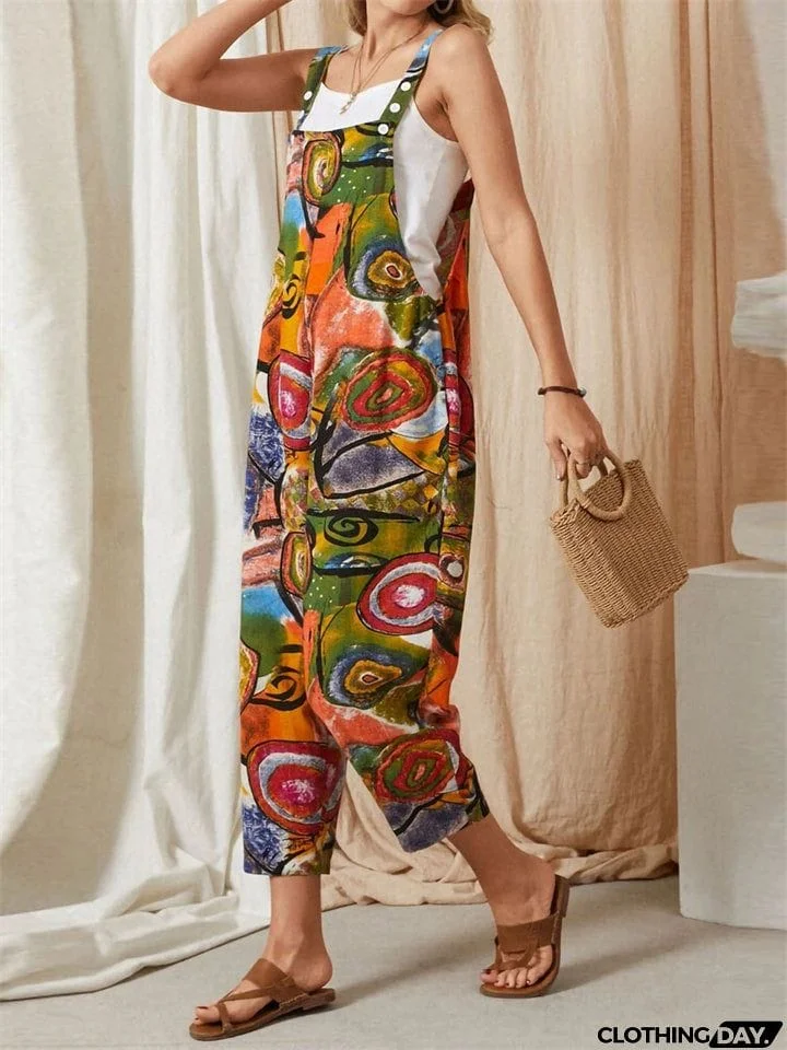 Ladies Personality Retro Colored Graffiti Jumpsuits
