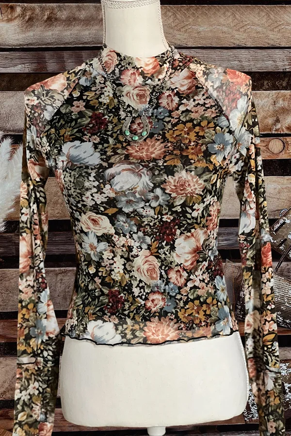 Vintage Floral Print Mesh Top