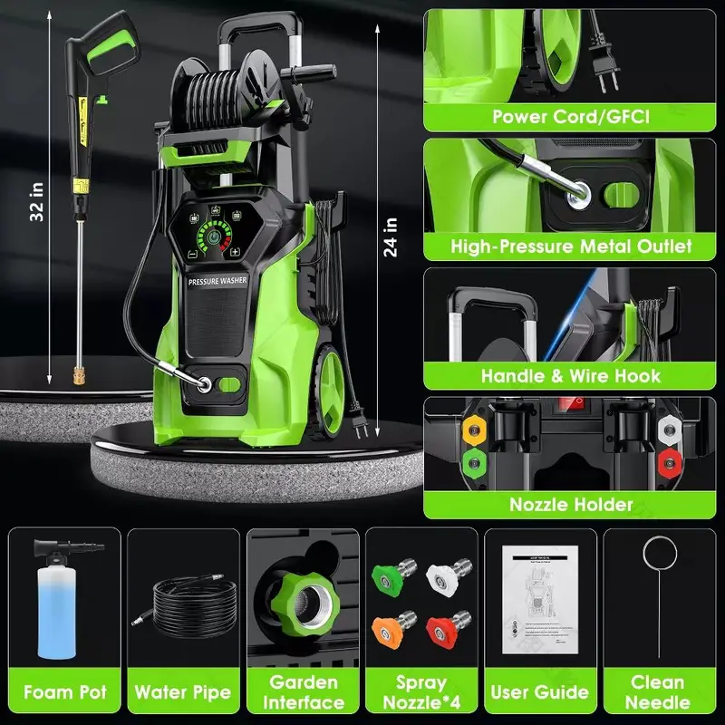 Lavadora de Alta Presi&oacute;n El&eacute;ctrica 4800 PSI 3.2 GPM con 4 Puntas Diferentes, M&aacute;quina de Limpieza de Alta Potencia de 1800W para Coches, Patios y Limpieza de Pisos detalles 2