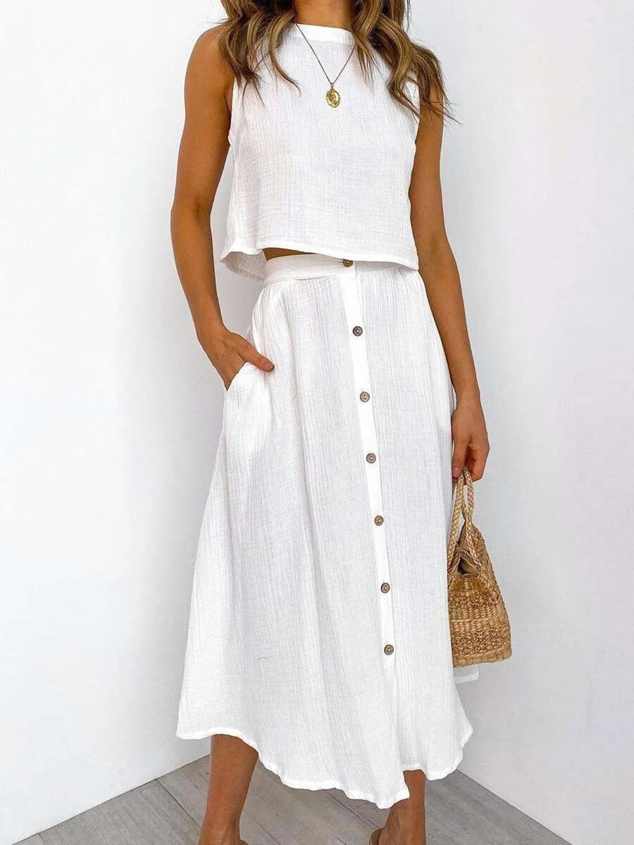 Loose Casual White Solid Women Skirt Set Sleeveless Crop Tops And Button Pockets Skirts Ladies Suit Summer Beach Style 2021