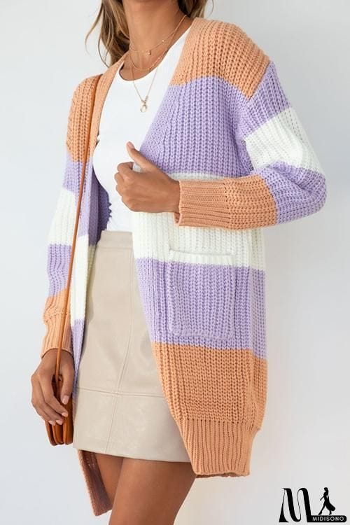 MidiSono - Color Block Pocket Open Cardigan
