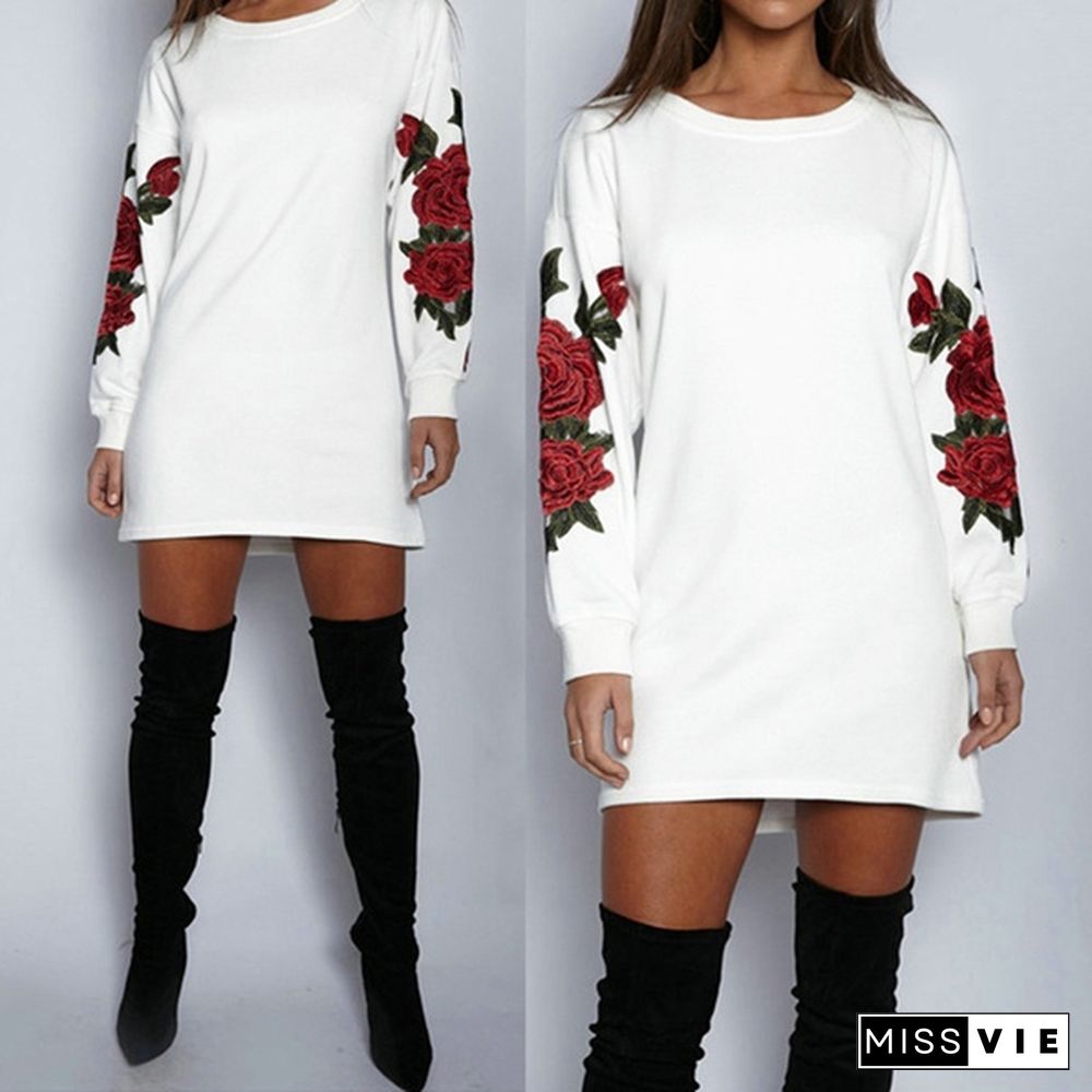 Women's Fashion Embroidery Long Sleeve Sweater Dress S-5XL