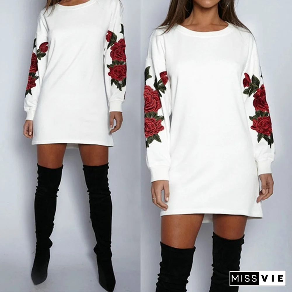 Women's Fashion Embroidery Long Sleeve Sweater Dress S-5XL
