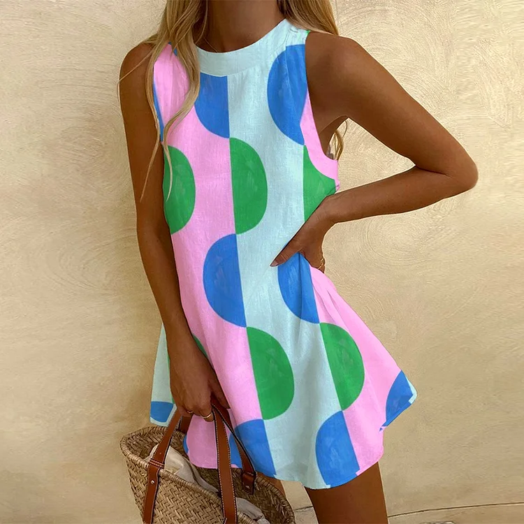 Women's Sleeveless  Semicircle Colorblock Printed Dress