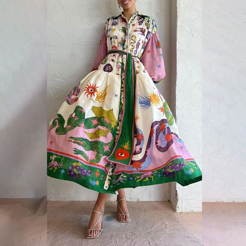 Uveng Uveng Women's Wear 2024 New Casual Personality Print V-Tie With Waist Long Sleeve Winter Dress Women