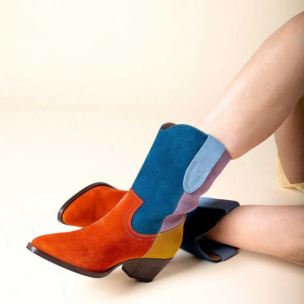 Stylish Color Block Round Toe Chunky Heel Short Cowgirl Boots