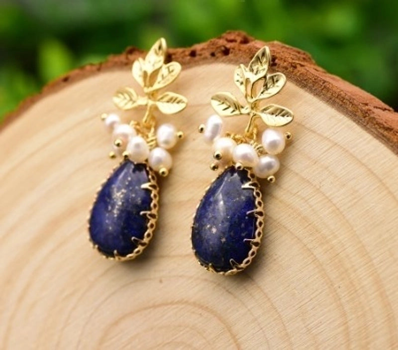 1 Pair 925 Sterling Silver Natural Stone Pearl Leaf Square Oval Earrings