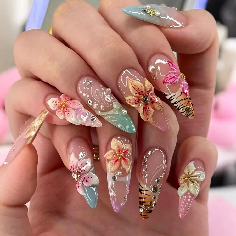 Long Water Drop Gradient French Edge 3d Three-dimensional Flower Pearl Diamond Removable Wearable Armor