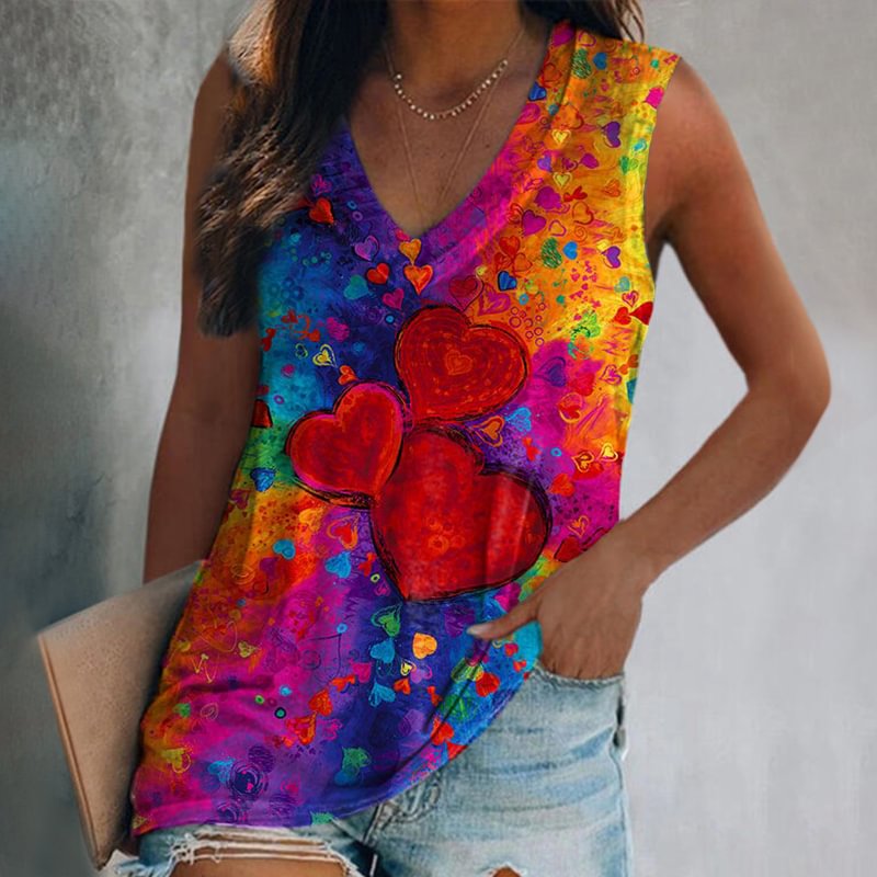 Colorful heart printed v-neck sleeveless vest designer