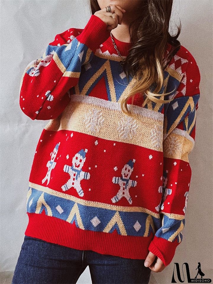 MidiSono - Winter Christmas Style Lovely Cartoon Snowman Print Pullover Wool Sweater for Women