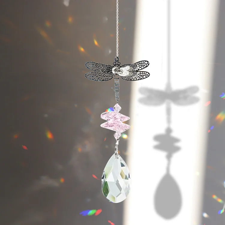 Dragonfly Hanging Ornament Crystal Windchime Pendant Rainbow Maker (Pink)
