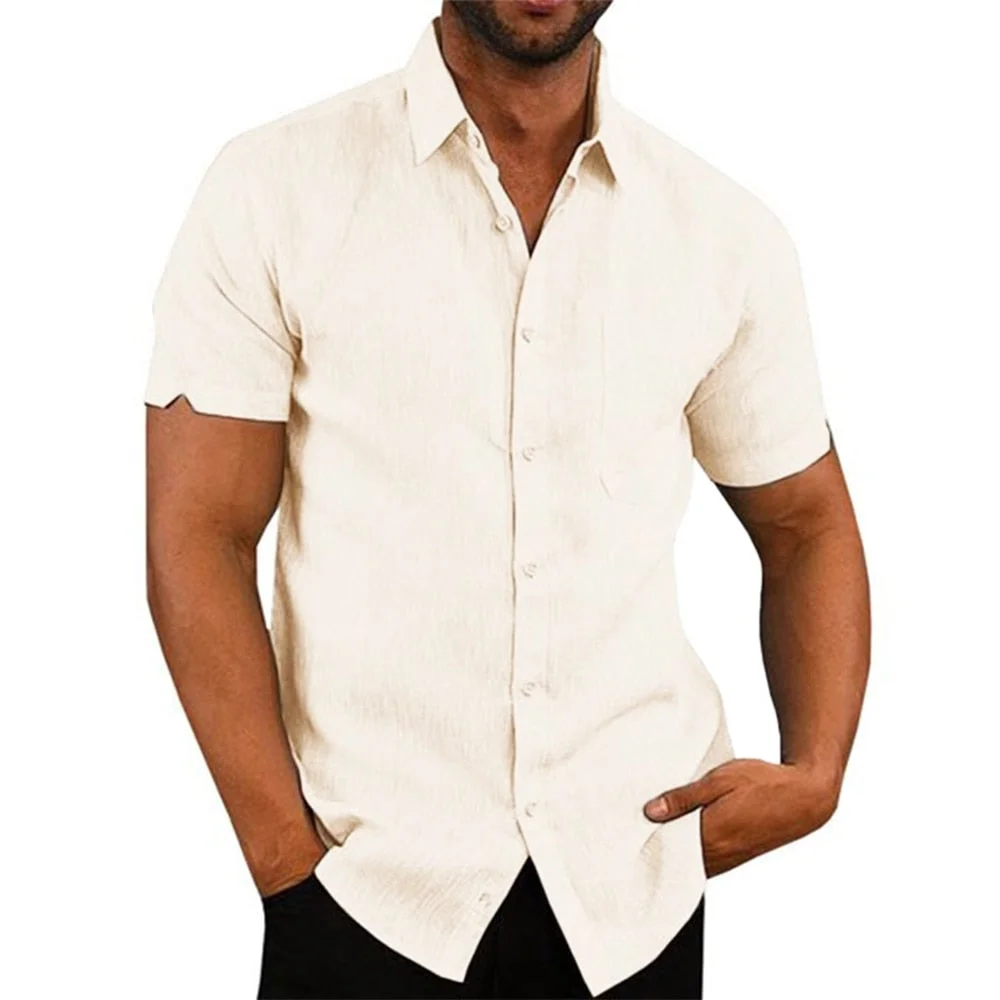 Inongge Cotton Line Hot Sale Men's Short-Sleeved Shirts Summer Solid Color  Turn-down collar Casual Beach Style Plus Size