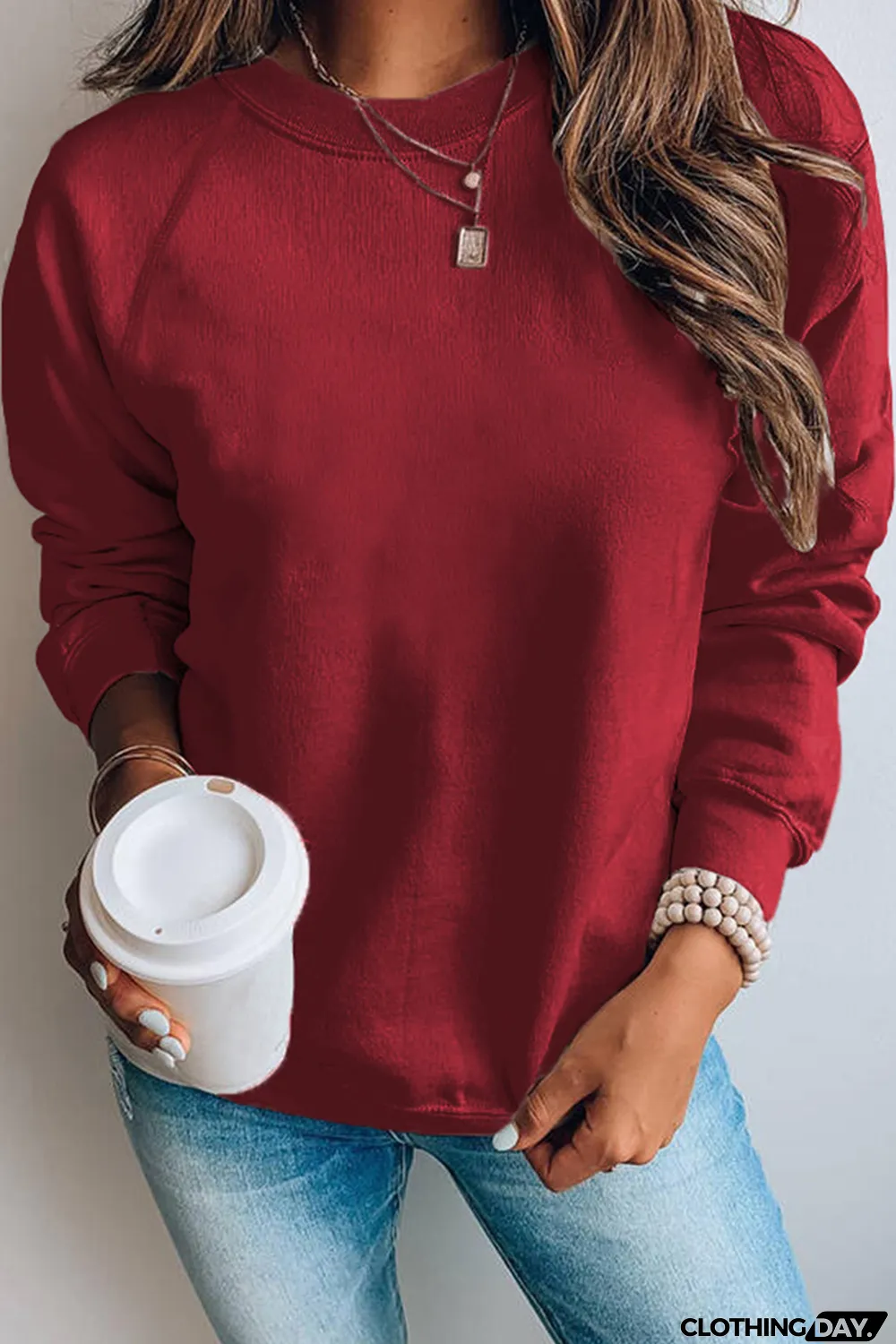 Blank Apparel - Wine Red Solid Crew Neck Pullover Sweatshirt