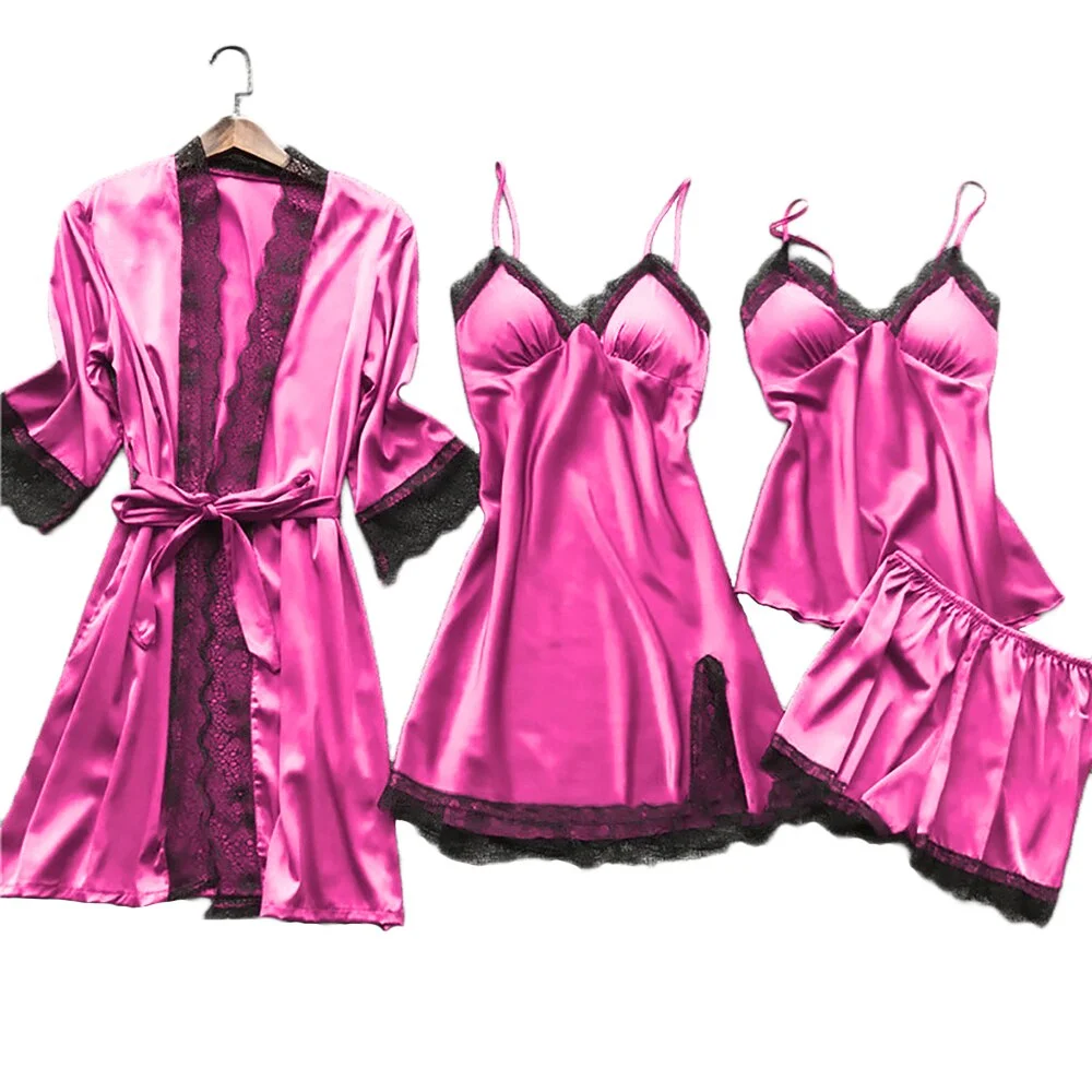 CALOFE Summer 2023 Women Pajama Sets 4 Pcs  Lace Pyjamas Women Satin Silk Sleepwear  Pijama with Chest Pads Homewear