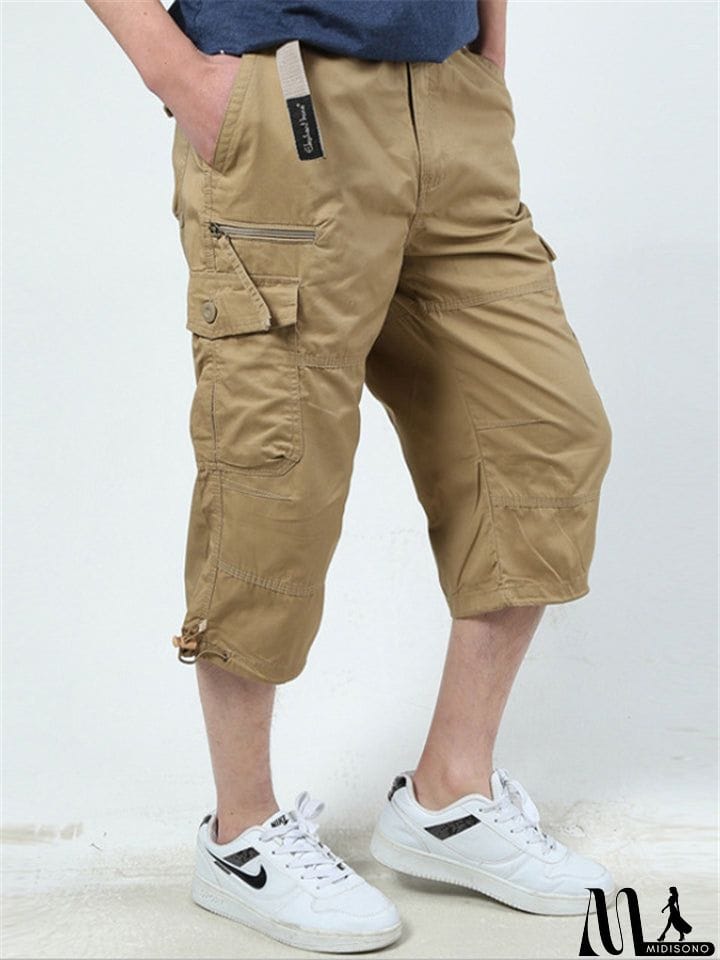 MidiSono - Men&rsquo;s Casual Front Zip Fastening Multi-Pocket Lightweight Cargo Cropped Pants