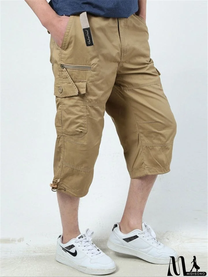 MidiSono - Men&rsquo;s Casual Front Zip Fastening Multi-Pocket Lightweight Cargo Cropped Pants